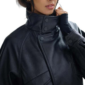 Oversized Women's Black <b>Leather</b> Jacket Genuine Cowhide High Neck Moto Streetwear Bomber Coat Winter Solid Zipper Windproof - Product Image 1