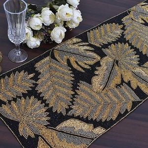 Camino de Mesa Bordado Estilo Bohemio con Diseño de Hojas en Dorado y Negro para Decoración del Hogar - Product Image 6