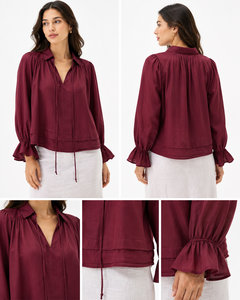 Blusas de Lino y Algodón Color Vino Tinto Personalizadas, Manga Larga, Cuello con Volantes, Cuello en V con Lazo, Blusas Casuales Holgadas Estilo Boho para Oficina - Product Image 5