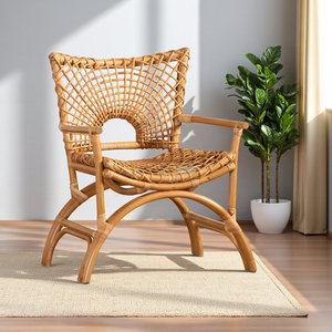 Fauteuil en rotin naturel fait main, chaise longue en osier avec dossier décoratif à tissage ouvert et pieds courbés pour l'ameublement de la maison - Product Image 4