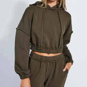 Conjunto Deportivo Casual para Mujer, Sudadera Corta con Capucha Color Verde Oliva, Manga Larga, Color Sólido, Cintura Elástica y Bolsillos Laterales - Product Image 3
