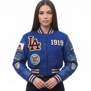 Chaqueta Varsity Corta para Mujer con Cuerpo de Lana y Mangas de Cuero, Estilo Urbano, Bordado y Parches de Chenilla - Product Image 1