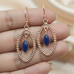 Boucles d'oreilles pendantes faites à la main en argent sterling 925 avec lapis-lazuli naturel, cadre perlé marquise style bohème, cadeau bijoux pour femme et petite amie - Product Image 4