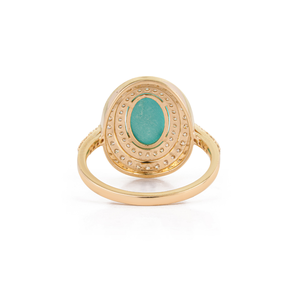 Trendy Handmade Design Cabochon Cut <b>Turquoise</b> & Diamond Double Cluster <b>Ring</b> For Wedding December Birthstone 14K Yellow Gold - Product Image 6