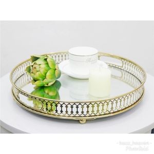 Wholesale Geometric Gold <b>Mirrored</b> Glass Tray Decorative Perfume <b>Vanity</b> Trays Luxury Metal Makeup Jewelry Storage Tray <b>Table</b> - Product Image 5