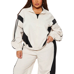 Conjunto Deportivo para Mujer, Tallas Grandes, Blanco y Negro con Bloques de Color, Manga Larga, Cuello Camisero, Cierre con Cordón, Corte Holgado, Ropa Casual - Product Image 3