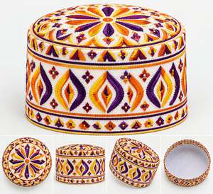 Chapeau Kufi islamique gaufré blanc, violet et rouge en toile respirante, casquette de prière ethnique pour hommes toutes saisons - Product Image 6