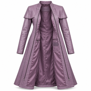Abrigo Largo de Cuero Morado con Detalle de Capa, Hecho a Medida, Servicio de Fabricación de Ropa para Mujer - Product Image 5