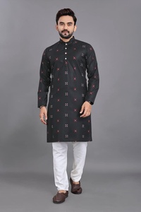 TRADITIONAL COTTON JACQUARD WORK <b>MENS</b> WEAR <b>THOBE</b> with PAYJAMA LONG SLEEVE ALL SEASONS BLACK 68734 - Product Image 1