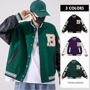 Chaqueta Varsity Verde para Hombre con Logotipo B Bordado, Manga de Cuero, Cuello Camisero, Cierre de Botón, Exterior de Poliéster y Algodón - Product Image 2