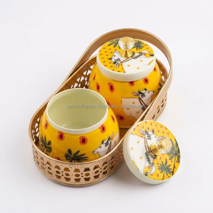 Custom Printed Yellow Hand Painted Jar Set Brass Basket Metal <b>Storage</b> Jar Candy Box Manufacturer Exporter - Product Image 2