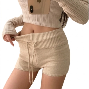 Shorts de mezclilla vintage para mujer, lavado a la piedra, cintura baja, con cordón, ribete de volantes, cintura elástica, de ganchillo, casuales de verano, antiexposición - Product Image 4