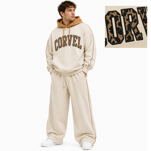 Sweat-shirts oversize pour hommes avec motif léopard et lettres en relief, et pantalons de survêtement à jambe large en molleton épais de coton uni avec passepoil personnalisé - Fabricant - Product Image 1