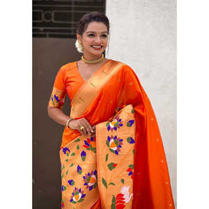 Sari de Seda Paithani Naranja con Diseño de Borde Grande de Estilo Mixto, Tejido con Hilo Zari, Ropa India y Pakistaní, Tejidos de Élite, 700g - Product Image 2