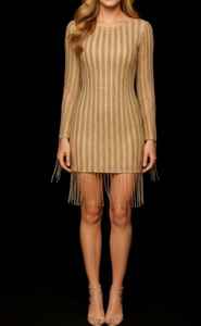 ชุดมินิเดรสประดับลูกปัดทองหรูหราสำหรับงานเลี้ยงตอนเย็นและงานค็อกเทล ขายส่งชุดมินิเดรสประดับลูกปัดทอง - Product Image 3