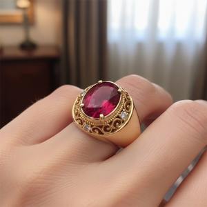 Bague Chevalière Homme Plaqué Or 14K Rubis Taille Ovale Argent 925 Bague de Fiançailles Chrétienne Style Minimaliste Bague Européenne Sertissage Pavé - Product Image 6