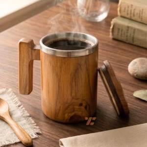 Mug à boire en bois moderne de style baril, fabriqué à la main, avec poignée en bois robuste, finition naturelle, compatible lave-vaisselle, écologique - Product Image 2