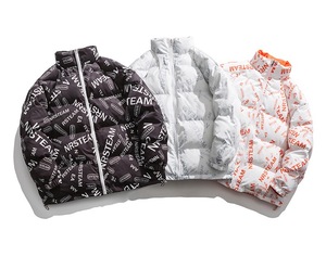 <b>Men's</b> <b>White</b> Printed Puffer Jacket With Stand Collar Zipper Closure Windproof Casual Winter <b>Coat</b> Thick Polyester Regular Fit - Product Image 6