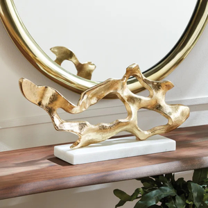 Sculpture ondulée moderne, figurine abstraite dorée sur socle en marbre, décoration de table de luxe pour salon ou bureau - Product Image 2