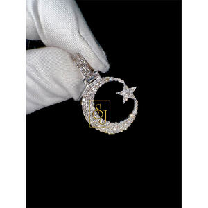 Pendentif de luxe en argent 925 avec charme lune et étoile en diamant naturel, thème islamique, bijou unisexe pour usage quotidien, pendentif VVS - Product Image 1