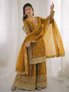 Conjunto de Salwar Kameez de Seda Pura Fandy Bordado en Amarillo Mostaza para Mujer, Traje Tradicional Indio Pakistaní para Boda, Corte Regular, Largo hasta el Tobillo - Product Image 4