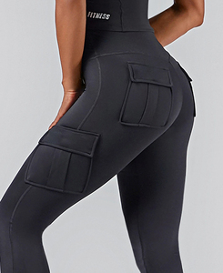 Leggings de yoga noirs taille basse style streetwear avec poches 3D, longueur intégrale, sans coutures, extensibles dans quatre directions, en Spandex/Nylon, respirants et à séchage rapide - Product Image 5
