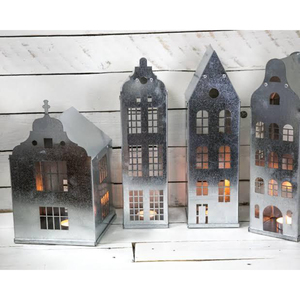 Venta al por mayor de portavelas de metal blanco estilo vintage con forma de casa, acabado envejecido, para decoración del hogar y Navidad. - Product Image 3