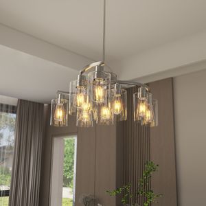 Lampadario Moderno a 9 Luci Stile Industriale Rustico per Sala da Pranzo, Altezza Regolabile, in Nichel Spazzolato e Vetro, per Sospensione Sopra Tavolo - Product Image 6