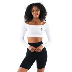 Top Corto sin Costuras para Mujer, con Hombros Descubiertos, Manga Larga, Estampado Blanco, Elástico, para Gimnasio, Yoga, Entrenamiento - Product Image 1