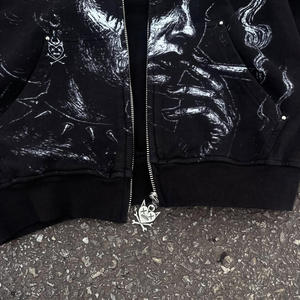 Sudadera con capucha y cremallera para hombre, negra, estilo urbano, estampada, oversize, de felpa francesa, 100% poliéster, para otoño. - Product Image 6