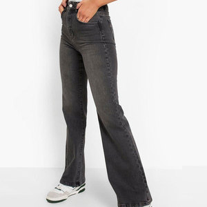 Jean évasé taille haute en denim pour femme, couleur unie, délavage à la pierre, longueur complète, coupe décontractée, en coton, style automne - Product Image 5