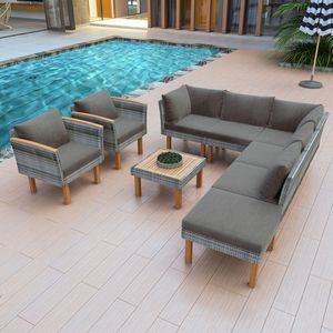 Set di Mobili da Esterno in Rattan a 9 Pezzi con Gambe in Legno di Acacia e Piano in PE Rattan, Vecchio SKU FF201208AAE - Product Image 1