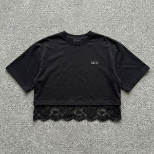 Women's Oversized Boxy Cropped Blouse Luxury Lace Stitching Drop Shoulder women's shirt 100% Cotton Short Sleeve Casual Top DTG - Product Image 3