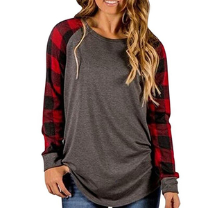 Camiseta Casual de Manga Larga con Cuello Redondo y Estampado a Cuadros Buffalo para Mujer, Mezcla de Algodón, Ropa de Moda Otoño Invierno, Venta al Por Mayor - Product Image 1