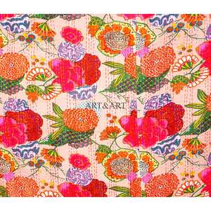 ART&ART Colcha Indiana Hecha a Mano Kantha para Mujer, 100% Algodón, Diseño Floral con Estampado a Bloque, 220g de Peso de Tela, Rajasthan - Product Image 2