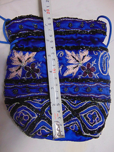 Blue Silk Embroidered Drawstring Bag Bohemian Style Daily Use Handmade Beaded Potli Bags Lowellcraft.com Cotton Lining - Product Image 6