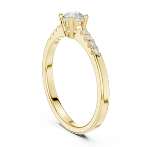 Bague de fiançailles en or jaune avec diamant de laboratoire, pierre centrale ronde, bande pavée de diamants, bijoux de mariage élégants et minimalistes - Product Image 2