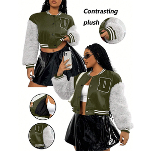 Green Gray Women Letter Graphic Striped Trim Rave Varsity Jacket With Custom Size Logo Design College Baseball Varsity Jackets - Product Image 4
