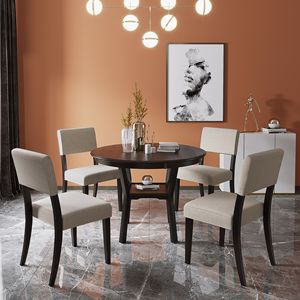 Espresso 5-Piece <b>Kitchen</b> Dining Table Set Round Table with Bottom <b>Shelf</b> & 4 Upholstered Chairs for Dining Room - Product Image 2
