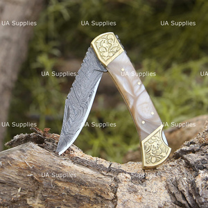 Damascus Steel Professional Folding Knife Hand Engraved Brass Bolster Resin Handle Pocket Hunting Knife OEM Supplier Private - Product Image 3
