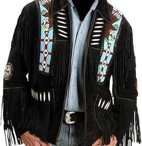 Chaqueta de cuero genuino negra al por mayor para hombre, estilo vaquero occidental con flecos y cuentas, abrigo con borlas hecho a mano - Product Image 1