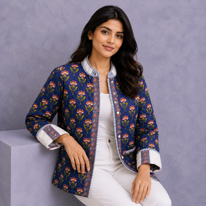 Chaqueta de Algodón Acolchada con Estampado Floral para Mujer, Ligera, con Estampado de Bloques, Frente Abierto, Estilo Casual Boho, Fabricante Mayorista OEM ODM - Product Image 5