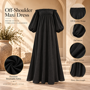 Black off Shoulder Maxi <b>Dress</b> Women Lantern Sleeve | <b>Boho</b> Woven Fabric Natural Waist Daily <b>Summer</b> Wear - Product Image 5