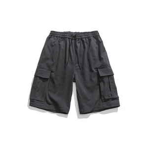 Shorts cargo pour hommes, taille mi-haute, cordon de serrage, coton élastique, style décontracté, poches, respirant, tissé, teint uni - Product Image 1