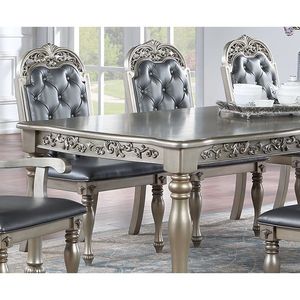 Tavolo da Pranzo Grande per Famiglia in Stile Antico con 2 Prolunghe, Finitura Argento/Grigio, in Legno di Gomma, Arredamento Formale per Sala da Pranzo - Product Image 2