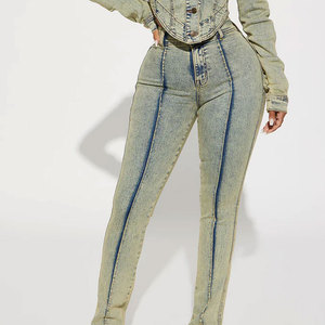 Jean en denim pour femme de haute qualité 2026 avec poches latérales, coupe évasée large, couleur gris, modèle bootcut personnalisé - Product Image 1