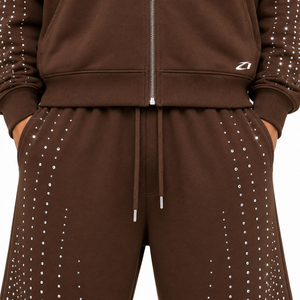 Trendy Men's Brown Rhinestone Tracksuit Set 2PC <b>Full</b> <b>Zip</b> <b>Hoodie</b> Knee Length Shorts Cotton Fleece High Street Custom Logo - Product Image 4