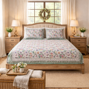 Sábana Plana King Size de Algodón Hecha a Mano en Jaipur, Diseño Floral Estampado en Bloque, Suave, Transpirable y Duradera para Toda Temporada, para Hogar y Hotel - Product Image 5