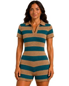 Mono de punto a rayas verde azulado y beige para mujer, manga corta, cuello polo, informal de verano, de una pieza, ajustado, diseño personalizado - Product Image 1