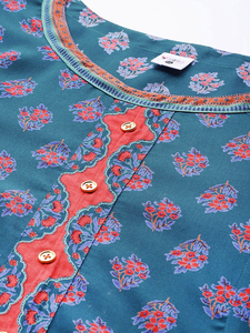 Kurti Anarkali en rayonne pour femmes grandes tailles, col rond, manches courtes, design floral bleu élégant et décontracté pour tous les jours - Product Image 5